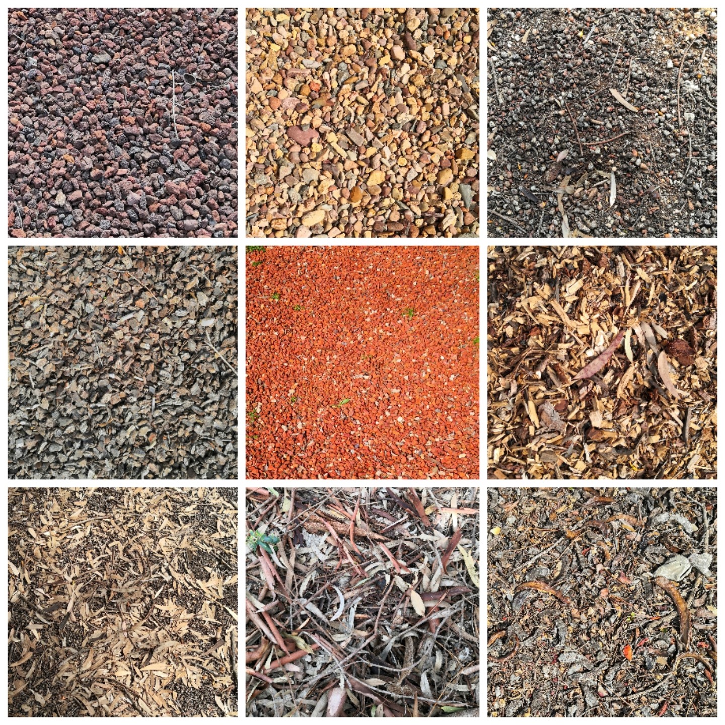 Some types of mulch used by landscapers.